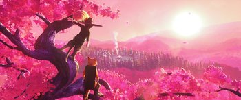 Movie still from “Puss in Boots: The Last Wish” (2022), directed by Januel Mercado – A painting of a cat and a dog in a field; Wide shot, High angle