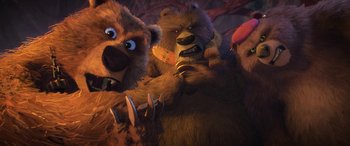 Movie still from “Puss in Boots: The Last Wish” (2022), directed by Januel Mercado – A group of stuffed animals are standing together; Medium shot, Low angle