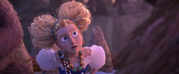 Movie still from “Puss in Boots: The Last Wish” (2022), directed by Januel Mercado – A woman with blonde hair and big green eyes; Close Up shot, Over the shoulder angle