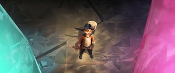 Movie still from “Puss in Boots: The Last Wish” (2022), directed by Januel Mercado – An image of an animated cat wearing a pirate hat; Wide shot, High angle