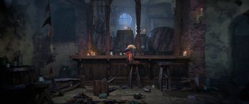 Movie still from “Puss in Boots: The Last Wish” (2022), directed by Januel Mercado – An image of an animated scene in a pub setting; Wide shot, High angle