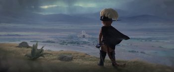 Movie still from “Puss in Boots: The Last Wish” (2022), directed by Januel Mercado – An animated character is standing on a hill looking out at a church; Wide shot, High angle