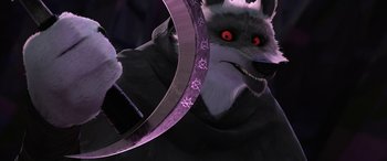 Movie still from “Puss in Boots: The Last Wish” (2022), directed by Januel Mercado – An image of an animated wolf with a ring around its neck; Close Up shot, Over the shoulder angle