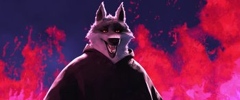 Movie still from “Puss in Boots: The Last Wish” (2022), directed by Januel Mercado – An illustration of an evil looking wolf with red eyes; Close Up shot, Low angle