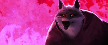 Movie still from “Puss in Boots: The Last Wish” (2022), directed by Januel Mercado – An illustration of a wolf with red glowing eyes; Close Up shot, Low angle