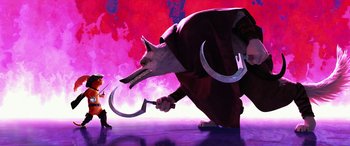 Movie still from “Puss in Boots: The Last Wish” (2022), directed by Januel Mercado – A man holding a pair of knifes in front of another man; Wide shot, Low angle