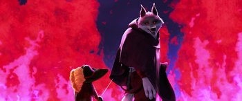 Movie still from “Puss in Boots: The Last Wish” (2022), directed by Januel Mercado – Two animated characters are standing next to each other; Wide shot, Low angle