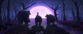 Movie still from “Puss in Boots: The Last Wish” (2022), directed by Januel Mercado – A group of bears standing in front of the moon; Wide shot, Low angle