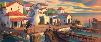 Movie still from “Puss in Boots: The Last Wish” (2022), directed by Januel Mercado – A seagull standing on a post in front of buildings; Extreme Wide shot, High angle