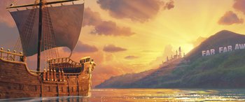 Movie still from “Puss in Boots: The Last Wish” (2022), directed by Januel Mercado – An artistic painting of a pirate ship in the water; Extreme Wide shot, Low angle