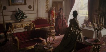 Movie still from “Queen Charlotte: A Bridgerton Story” (2023), directed by Tom Verica – Wide shot, Over the shoulder angle