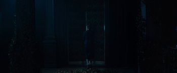 Movie still from “Rebecca” (2020), directed by Ben Wheatley – A woman standing in front of a door in a dark room; Wide shot, Over the shoulder angle