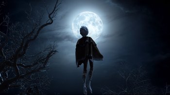 Movie still from “Rise of the Guardians” (2012), directed by Peter Ramsey – A person standing in front of a full moon at night; Wide shot, Low angle