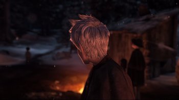 Movie still from “Rise of the Guardians” (2012), directed by Peter Ramsey – A man with spiky hair standing in front of a fire pit; Close Up shot, Over the shoulder angle