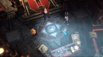 Movie still from “Rise of the Guardians” (2012), directed by Peter Ramsey – An overhead view of a room with a clock and people; Wide shot, High angle