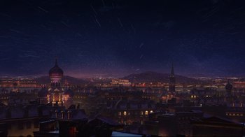 Movie still from “Rise of the Guardians” (2012), directed by Peter Ramsey – A view of a city at night from a distance; Extreme Wide shot, Low angle