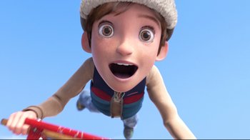 Movie still from “Rise of the Guardians” (2012), directed by Peter Ramsey – An animated boy is flying through the air; Close Up shot, Overhead angle