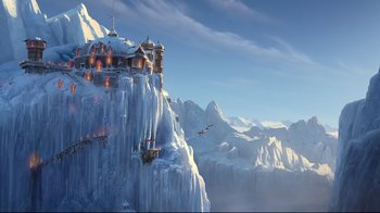Movie still from “Rise of the Guardians” (2012), directed by Peter Ramsey – An animated castle on a mountain with a sky in the background; Extreme Wide shot, Low angle