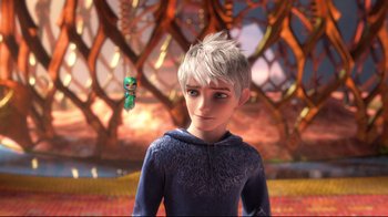 Movie still from “Rise of the Guardians” (2012), directed by Peter Ramsey – A young boy with white hair is looking at the camera; Close Up shot, Over the shoulder angle