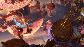 Movie still from “Rise of the Guardians” (2012), directed by Peter Ramsey – An image of an image of a strange place in the sky; Extreme Wide shot, Overhead angle