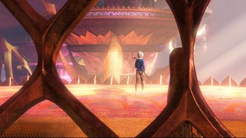 Movie still from “Rise of the Guardians” (2012), directed by Peter Ramsey – An image of a person in a stage setting; Extreme Wide shot, Over the shoulder angle
