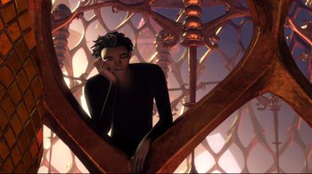 Movie still from “Rise of the Guardians” (2012), directed by Peter Ramsey – A man sitting on a ledge in front of a heart shaped window; Medium shot, Low angle