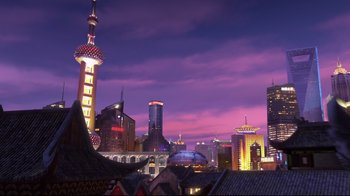 Movie still from “Rise of the Guardians” (2012), directed by Peter Ramsey – A view of a city skyline at night time; Extreme Wide shot, Low angle