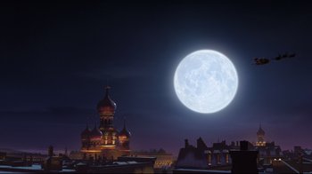 Movie still from “Rise of the Guardians” (2012), directed by Peter Ramsey – A full moon rises over a city skyline at night; Extreme Wide shot, Low angle