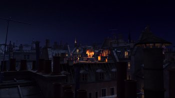 Movie still from “Rise of the Guardians” (2012), directed by Peter Ramsey – A view of a city at night from the roof of a building; Extreme Wide shot, High angle