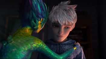 Movie still from “Rise of the Guardians” (2012), directed by Peter Ramsey – A young boy and a dragon; Medium shot, Over the shoulder angle