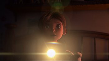 Movie still from “Rise of the Guardians” (2012), directed by Peter Ramsey – A child looking at the camera with a light shining in the background; Close Up shot, Over the shoulder angle