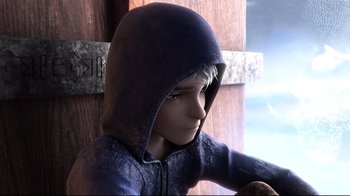 Movie still from “Rise of the Guardians” (2012), directed by Peter Ramsey – A young boy wearing a hooded jacket looking off into the distance; Medium shot, Low angle