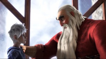 Movie still from “Rise of the Guardians” (2012), directed by Peter Ramsey – An animated scene of an old man and a young boy; Medium shot, Over the shoulder angle