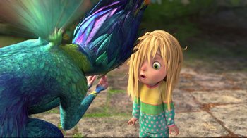 Movie still from “Rise of the Guardians” (2012), directed by Peter Ramsey – A girl looking at a peacock in a scene from a cartoon; Medium shot, Over the shoulder angle