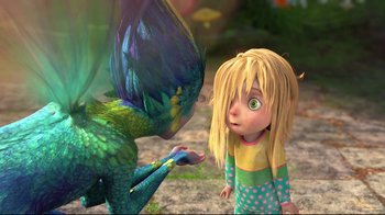 Movie still from “Rise of the Guardians” (2012), directed by Peter Ramsey – A girl is looking at a green dragon; Medium shot, Over the shoulder angle