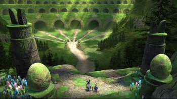 Movie still from “Rise of the Guardians” (2012), directed by Peter Ramsey – Two people standing on a dirt road near a forest; Extreme Wide shot, High angle