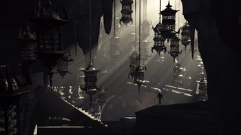 Movie still from “Rise of the Guardians” (2012), directed by Peter Ramsey – A man standing in the middle of a room filled with lanterns; Extreme Wide shot, Low angle