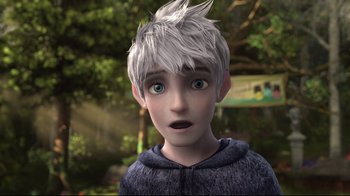 Movie still from “Rise of the Guardians” (2012), directed by Peter Ramsey – A young boy with spiky white hair and blue eyes; Close Up shot, Over the shoulder angle