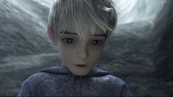 Movie still from “Rise of the Guardians” (2012), directed by Peter Ramsey – A boy with white hair is looking at the camera; Close Up shot, High angle