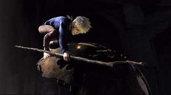 Movie still from “Rise of the Guardians” (2012), directed by Peter Ramsey – A boy that is climbing on a tree branch; Wide shot, Low angle