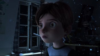 Movie still from “Rise of the Guardians” (2012), directed by Peter Ramsey – A boy is looking into the distance in a dark room; Close Up shot, High angle