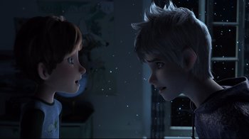 Movie still from “Rise of the Guardians” (2012), directed by Peter Ramsey – A boy and a girl looking at each other in a room; Close Up shot, Over the shoulder angle