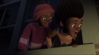 Movie still from “Rise of the Guardians” (2012), directed by Peter Ramsey – Two animated characters looking at a table in a dark room; Medium shot, Low angle