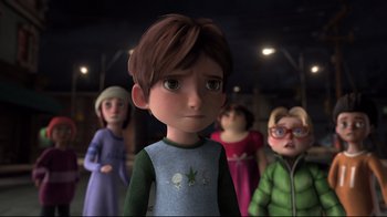 Movie still from “Rise of the Guardians” (2012), directed by Peter Ramsey – A group of kids standing in a room; Medium shot, Over the shoulder angle