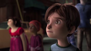 Movie still from “Rise of the Guardians” (2012), directed by Peter Ramsey – A young boy looking up at something in the distance; Close Up shot, Over the shoulder angle