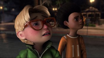 Movie still from “Rise of the Guardians” (2012), directed by Peter Ramsey – A boy and a boy wearing glasses looking at each other; Close Up shot, Over the shoulder angle
