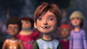 Movie still from “Rise of the Guardians” (2012), directed by Peter Ramsey – A cartoon of a young boy looking up at the sky; Close Up shot, High angle