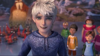 Movie still from “Rise of the Guardians” (2012), directed by Peter Ramsey – A boy is standing in front of some other people; Close Up shot, Over the shoulder angle
