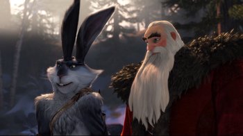 Movie still from “Rise of the Guardians” (2012), directed by Peter Ramsey – A couple of people standing next to each other in a forest; Close Up shot, Over the shoulder angle