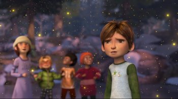 Movie still from “Rise of the Guardians” (2012), directed by Peter Ramsey – A group of children standing in front of a forest; Medium shot, Over the shoulder angle